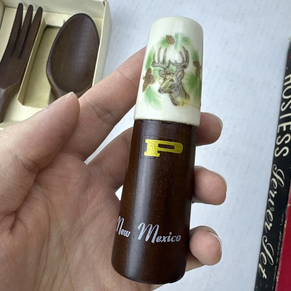 Deer Wood Spoon Fork Hostess Server Salt Pepper Shakers New Mexico Souvenir